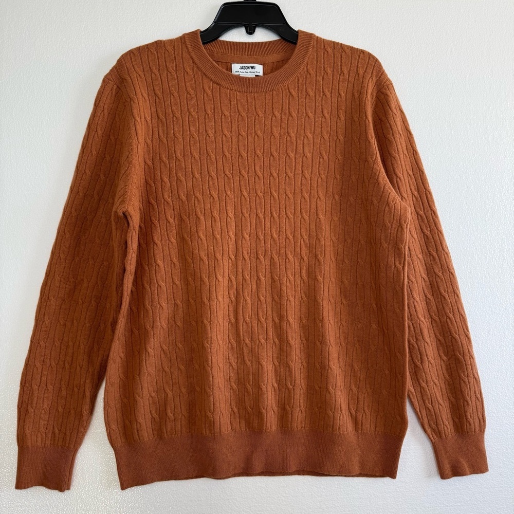 Jason Wu Merino Wool Cabled Sweater Men Size L Crew Neck Casual Knit Rust